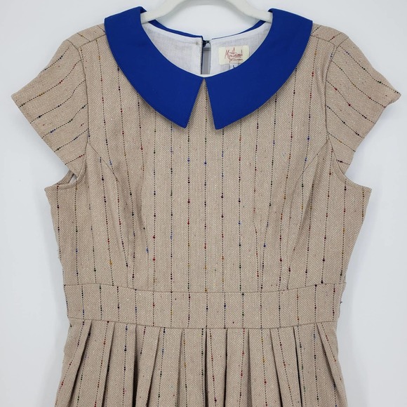 Modcloth Myrtlewood of California Dress L Taking the Train Fit & Flare Tweed Tan - Picture 4 of 8